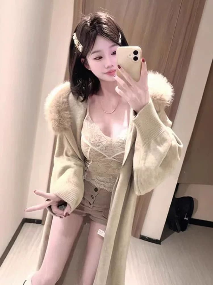 문예 디자인 털 모피 칼라 재킷 롱 코트 바람막이 털 니트 오픈 가디건 한국 스타일 코트 상세 이미지 3