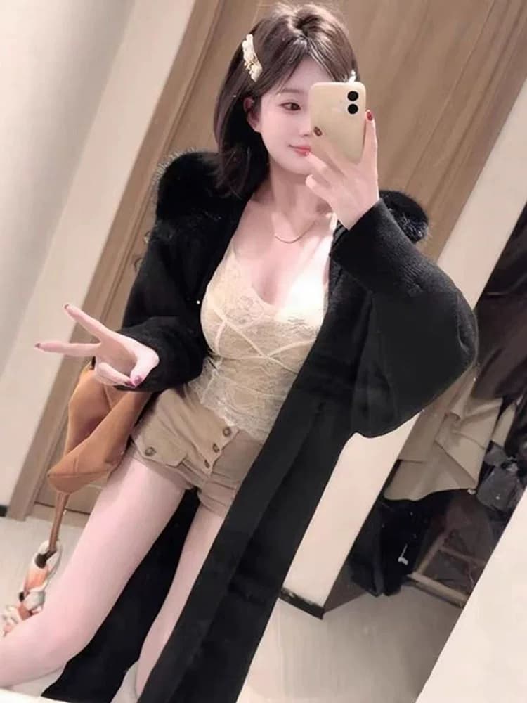 문예 디자인 털 모피 칼라 재킷 롱 코트 바람막이 털 니트 오픈 가디건 한국 스타일 코트 상세 이미지 4