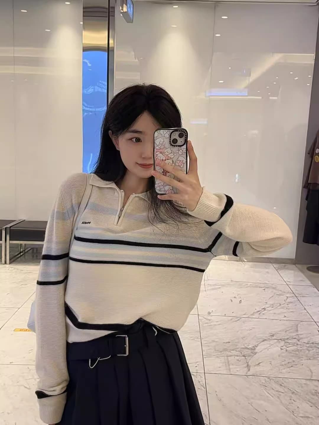 가을 겨울 한 부서 레트로 연령 감소 스트라이프 배색 POLO 칼라 스웨터 느슨함 센스 다용도 부드러운 찹쌀 니트 맨위 상세 이미지 1