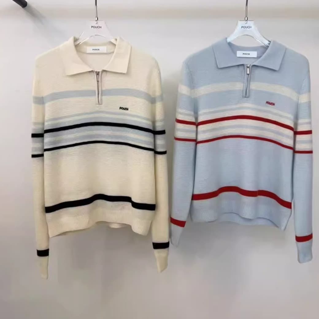 가을 겨울 한 부서 레트로 연령 감소 스트라이프 배색 POLO 칼라 스웨터 느슨함 센스 다용도 부드러운 찹쌀 니트 맨위