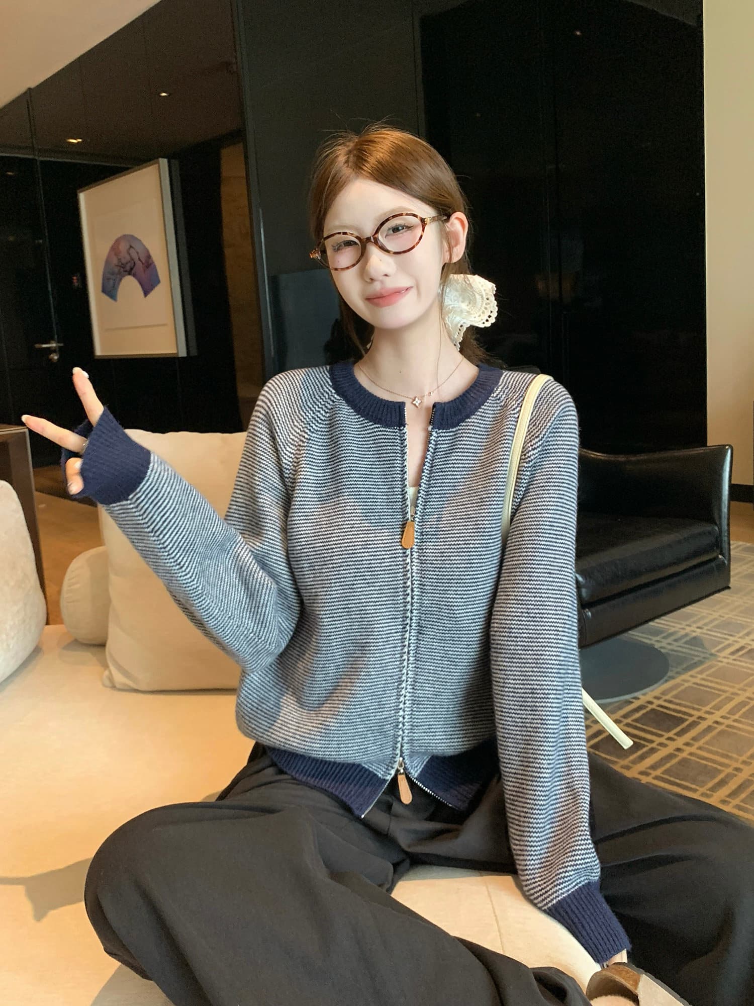 한 부서 배색 파란색 스트라이프 지퍼 스웨터 여성 코트 가을 겨울 느긋한 바람 루즈핏 캐주얼 니트 오픈 가디건 맨위 상세 이미지 5