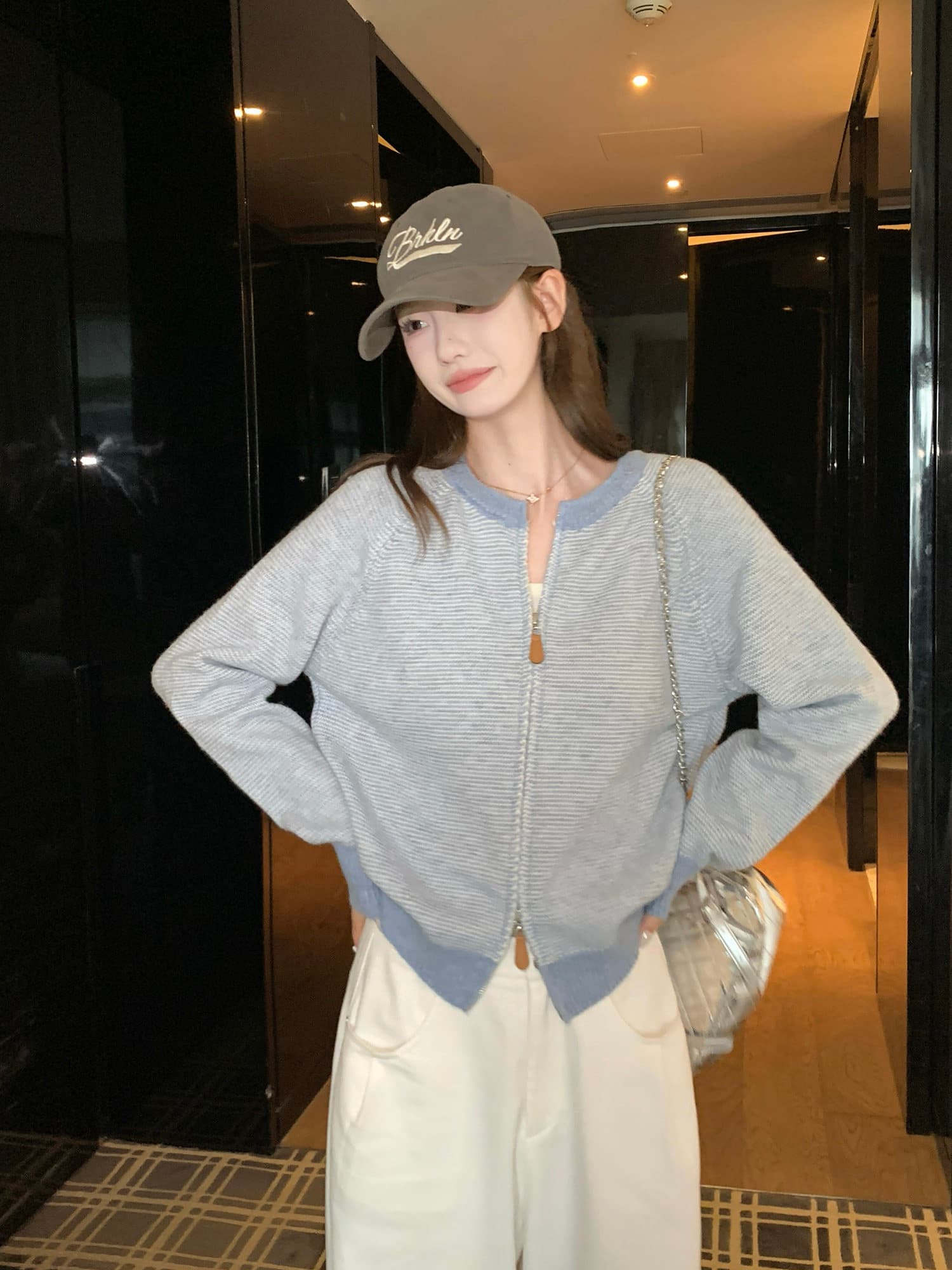 한 부서 배색 파란색 스트라이프 지퍼 스웨터 여성 코트 가을 겨울 느긋한 바람 루즈핏 캐주얼 니트 오픈 가디건 맨위 상세 이미지 22