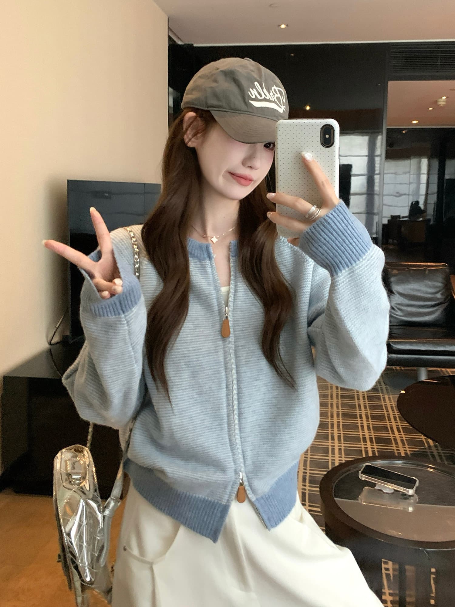 한 부서 배색 파란색 스트라이프 지퍼 스웨터 여성 코트 가을 겨울 느긋한 바람 루즈핏 캐주얼 니트 오픈 가디건 맨위 상세 이미지 32