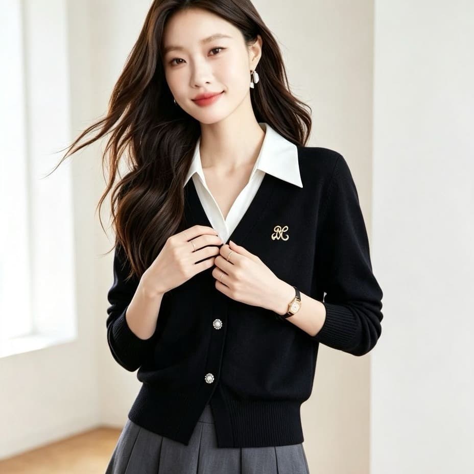 작은 샤넬 스타일 페이크 레이어드 폴로 칼라 긴팔 패치워크 색상 니트 스웨터 여성 가을 새로운 디자인 센스 시간 스웨터 여자 이미지 5