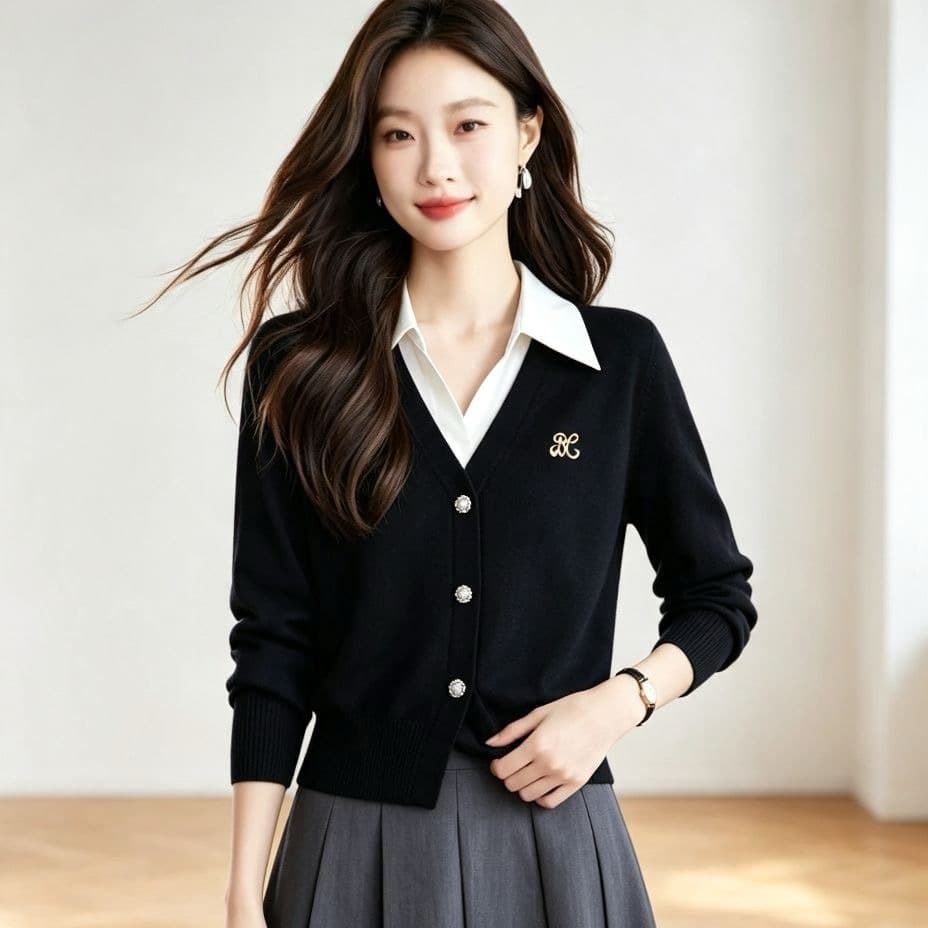 있음 가을 새로운 디자인 센스 다용도 폴로 칼라 니트 페이크 레이어드 맨위