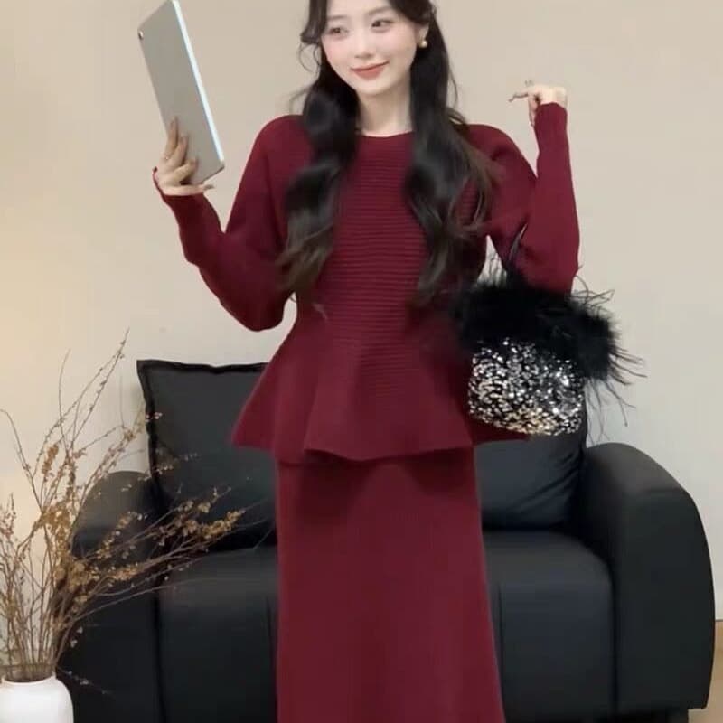 프랑스식 품격 허리 수축 프릴 우산 측면 니트 맨위 반신 스커트 부드러운 고급 센스 디자인 센스 구덩이 기사 세트 상세 이미지 1