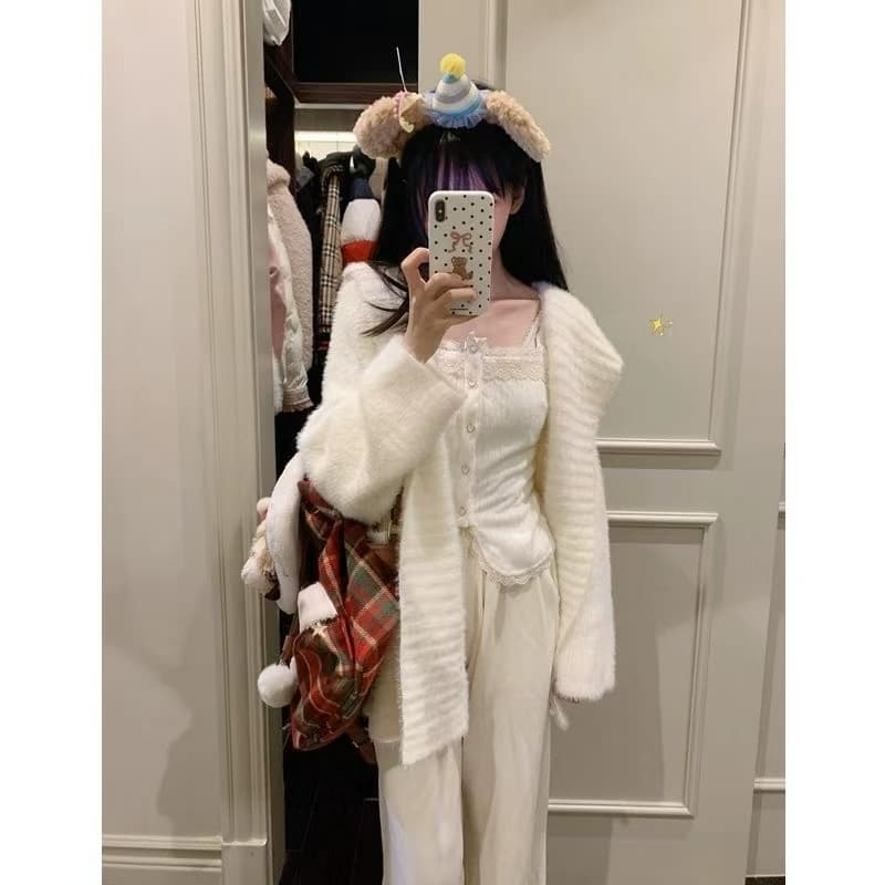 suuuicee 우유 푸 탑 탑 순수한 욕망 큰 모피 칼라 후드 루즈핏 스웨터 코트 부드러운 찹쌀 두꺼운 니트 맨위 이미지 3