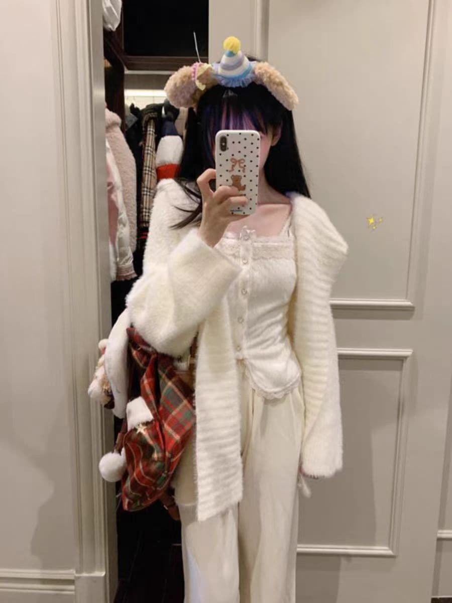 suuuicee 우유 푸 탑 탑 순수한 욕망 큰 모피 칼라 후드 루즈핏 스웨터 코트 부드러운 찹쌀 두꺼운 니트 맨위