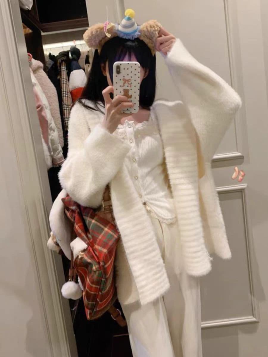 suuuicee 우유 푸 탑 탑 순수한 욕망 큰 모피 칼라 후드 루즈핏 스웨터 코트 부드러운 찹쌀 두꺼운 니트 맨위 상세 이미지 1
