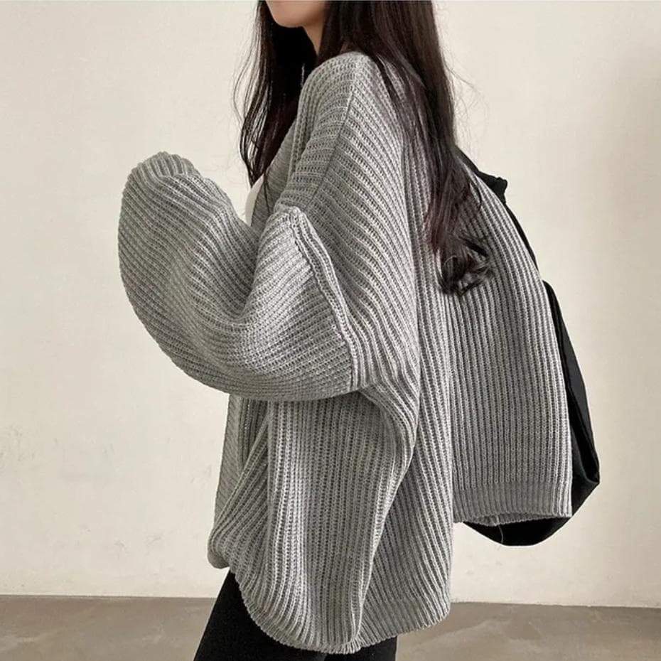 한국 가을 겨울 새로운 미니멀리즘 단색 느긋한 루즈핏 캐주얼 다용도 중간 길이 스웨터 코트 여성 뜨개질 오픈 가디건 상세 이미지 5