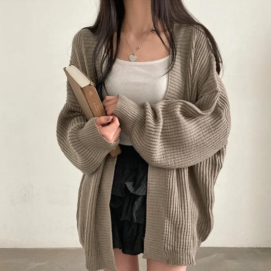 한국 가을 겨울 새로운 미니멀리즘 단색 느긋한 루즈핏 캐주얼 다용도 중간 길이 스웨터 코트 여성 뜨개질 오픈 가디건 상세 이미지 7