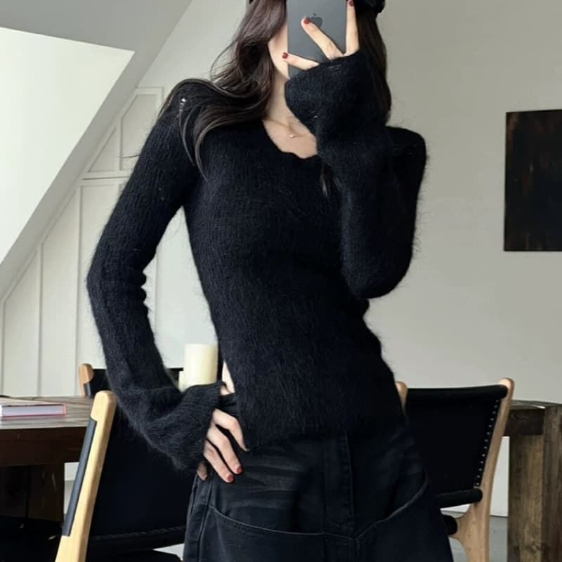 핫걸 u 칼라 긍정적 인 어깨 니트 기본 셔츠 여성 가을 겨울 인사이드 가져 가라. 고급 센스 스웨터 몸매 가꾸기 불규칙 긴팔 맨위 이미지 4