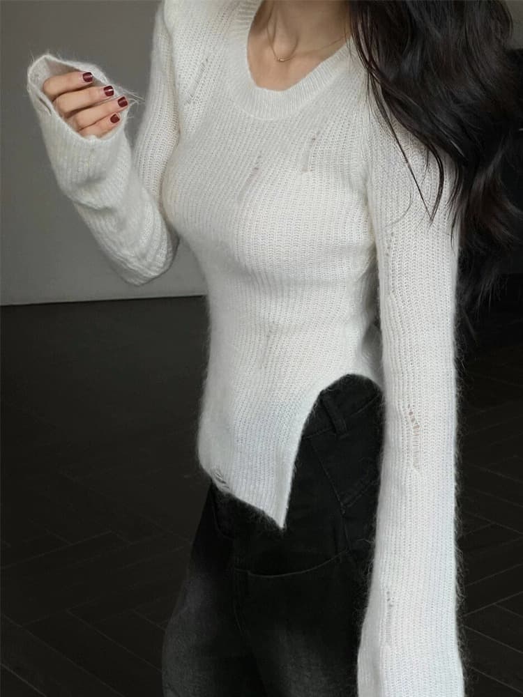 핫걸 u 칼라 긍정적 인 어깨 니트 기본 셔츠 여성 가을 겨울 인사이드 가져 가라. 고급 센스 스웨터 몸매 가꾸기 불규칙 긴팔 맨위 이미지 3