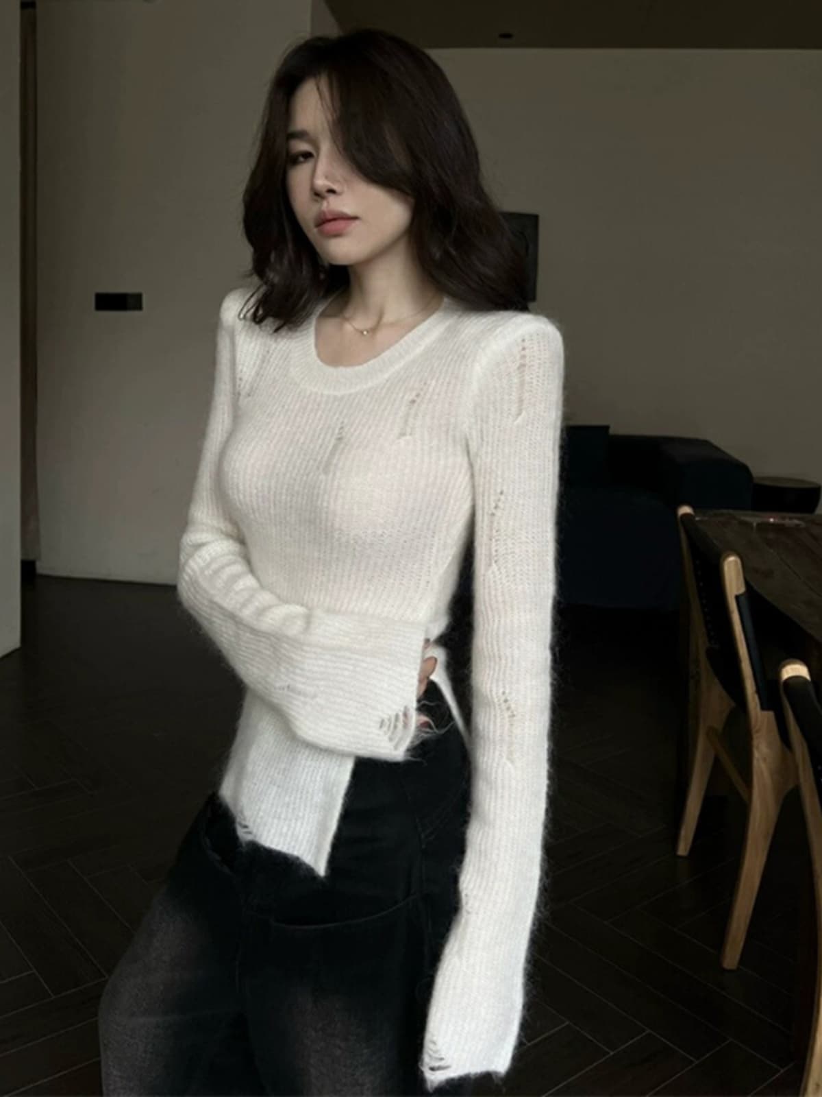 핫걸 u 칼라 긍정적 인 어깨 니트 기본 셔츠 여성 가을 겨울 인사이드 가져 가라. 고급 센스 스웨터 몸매 가꾸기 불규칙 긴팔 맨위 상세 이미지 6