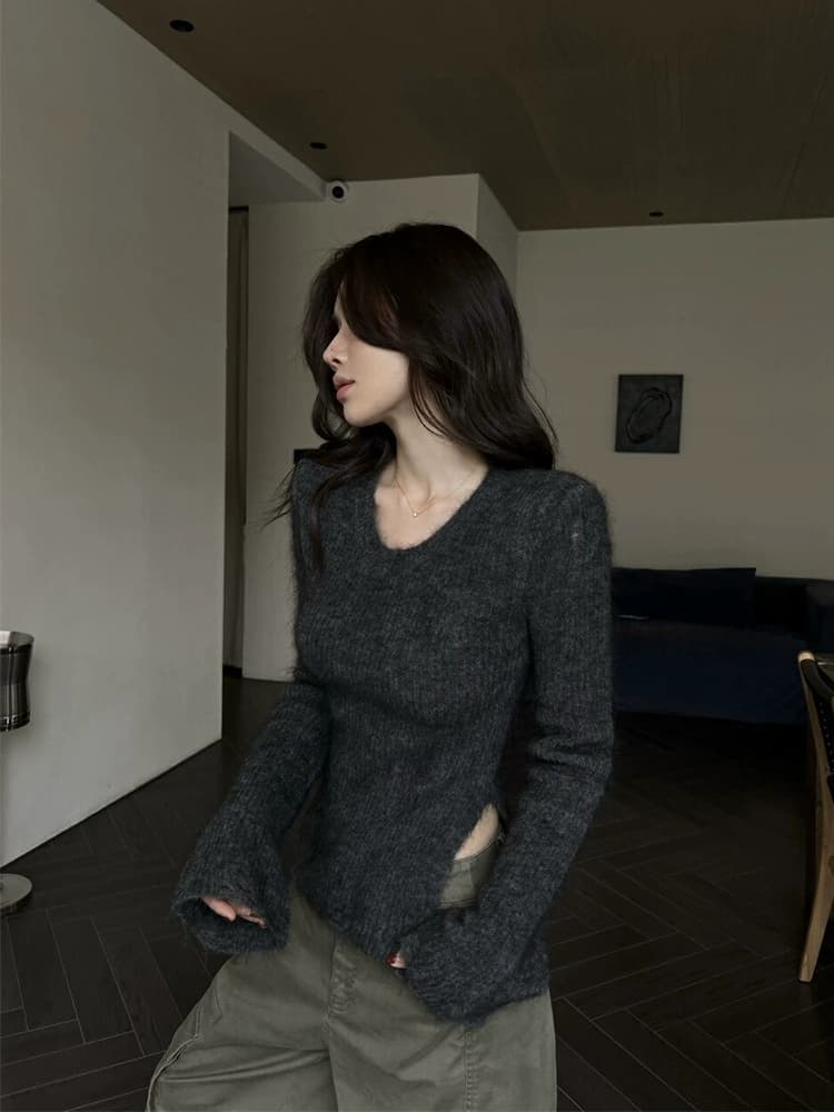핫걸 u 칼라 긍정적 인 어깨 니트 기본 셔츠 여성 가을 겨울 인사이드 가져 가라. 고급 센스 스웨터 몸매 가꾸기 불규칙 긴팔 맨위 상세 이미지 11
