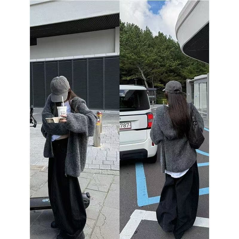 here yaya shop 오트밀 달콤한 차 플러시 플러시 따뜻한 센스 느긋한 부담하지 마세요. 센스 지퍼 후드 스웨터 상세 이미지 5