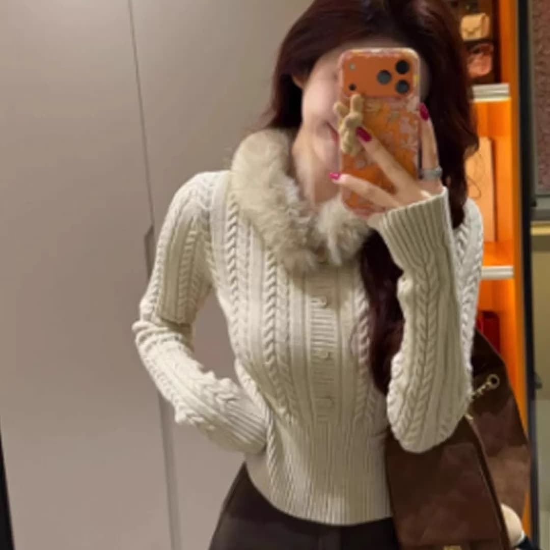 프랑스식 탈착식 모피 칼라 회색 풀오버 꽈배기 스웨터 여자 겨울 새로운 보온 느긋한 바람 니트 스웨터 맨위 이미지 4