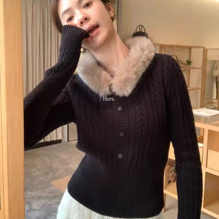 프랑스식 탈착식 모피 칼라 회색 풀오버 꽈배기 스웨터 여자 겨울 새로운 보온 느긋한 바람 니트 스웨터 맨위 이미지 5