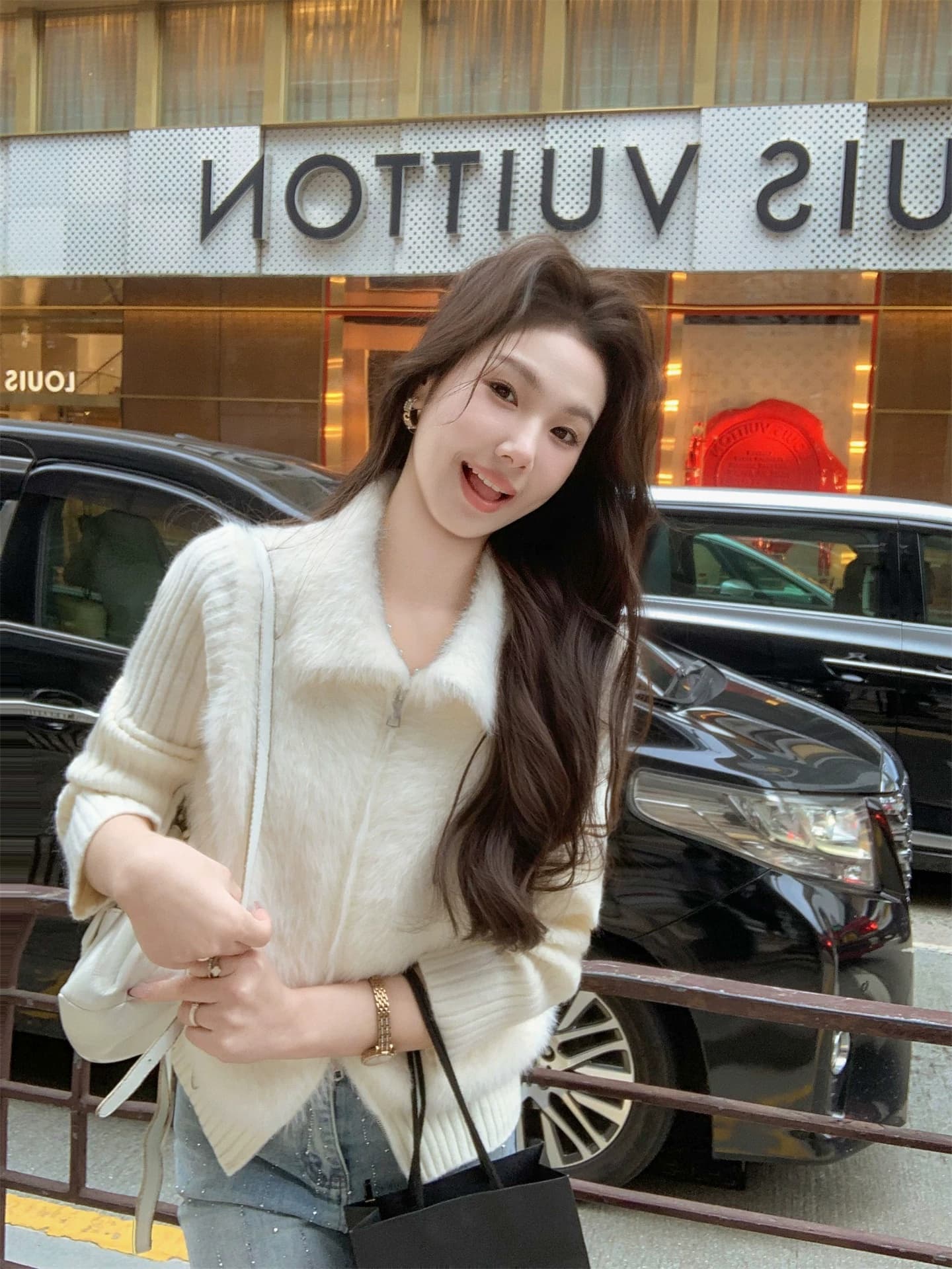 물고기 토끼 ~ 중 토끼 양모 니트 패치워크 화이트 스웨터 여자 2026 봄 수 있습니다. 외출용 인사이드 가져 가라. 오픈 가디건 이미지 4