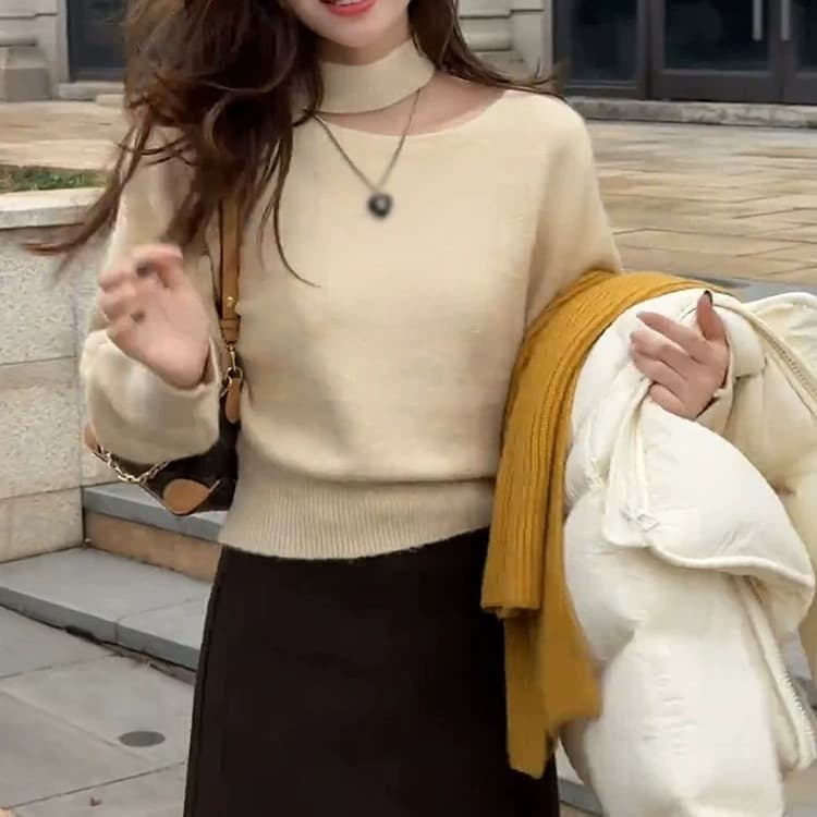느긋한 바람 행침 목 반하이넥 패션 털 니트 스웨터 여성 2026 겨울 새로운 루즈핏 슬림해 보이는 기본 셔츠 맨위 이미지 3