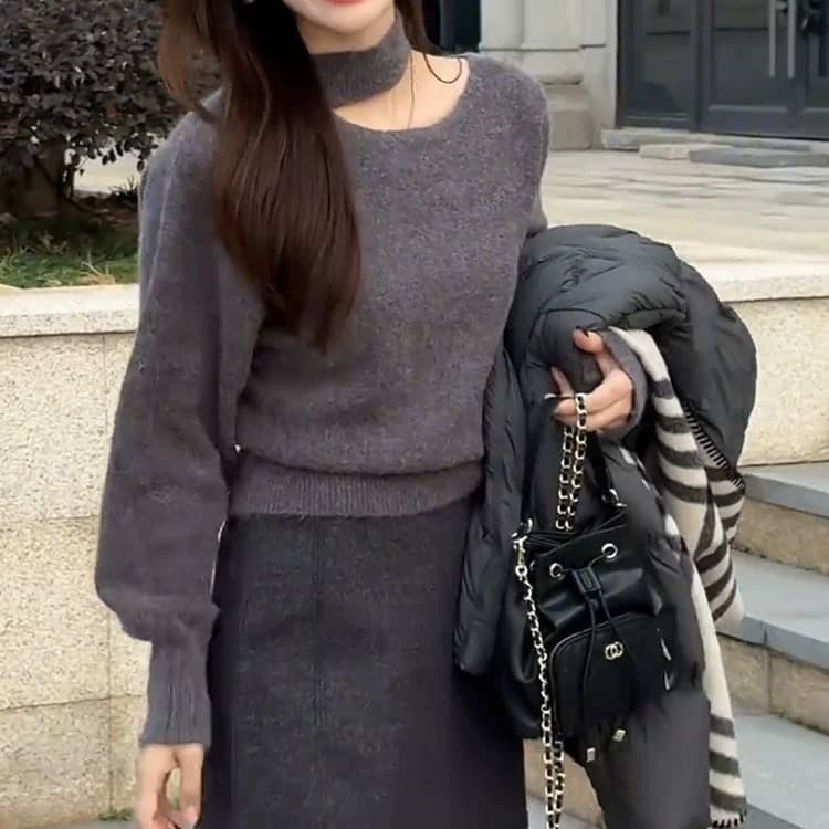 느긋한 바람 행침 목 반하이넥 패션 털 니트 스웨터 여성 2026 겨울 새로운 루즈핏 슬림해 보이는 기본 셔츠 맨위 상세 이미지 3