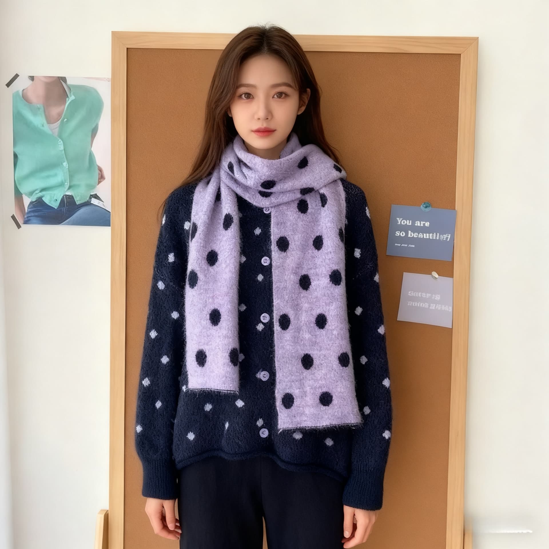 일본과 한국 부서 느긋한 바람 레트로 도트 무늬 스웨터 여성 코트 가을 겨울 백 코디 스카프 니트 오픈 가디건 투피스 슈트 이미지 4