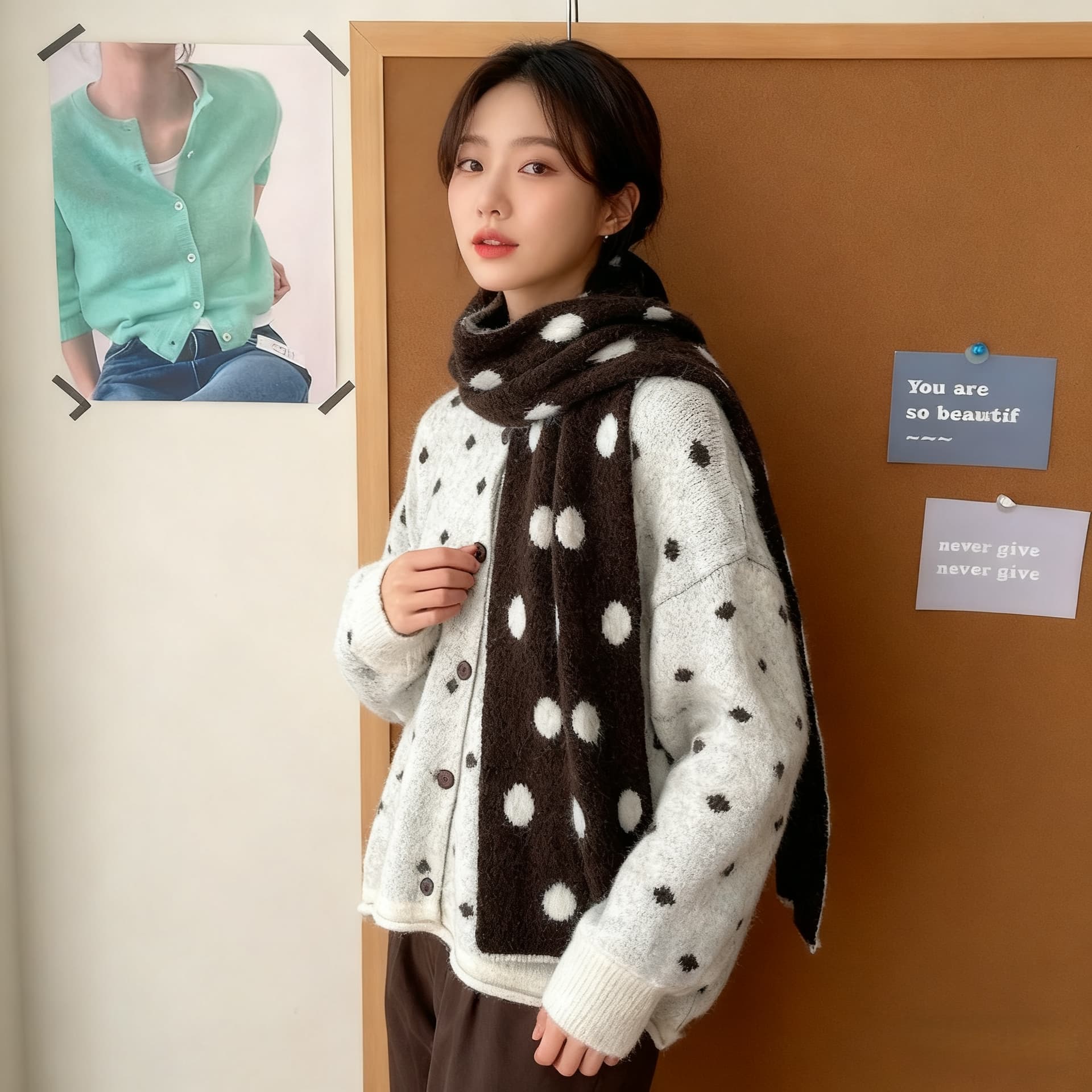 일본과 한국 부서 느긋한 바람 레트로 도트 무늬 스웨터 여성 코트 가을 겨울 백 코디 스카프 니트 오픈 가디건 투피스 슈트 이미지 5