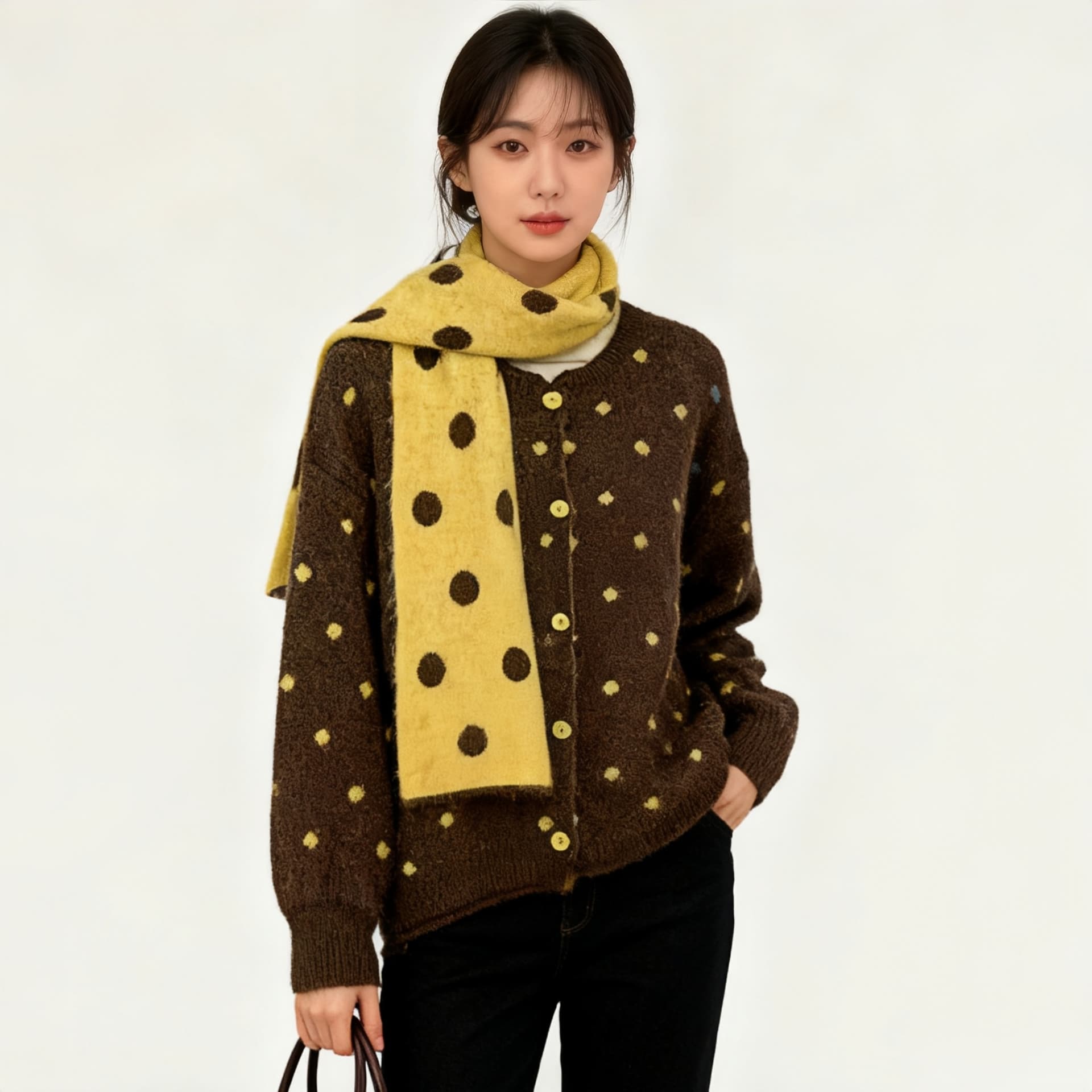 일본과 한국 부서 느긋한 바람 레트로 도트 무늬 스웨터 여성 코트 가을 겨울 백 코디 스카프 니트 오픈 가디건 투피스 슈트 이미지 3