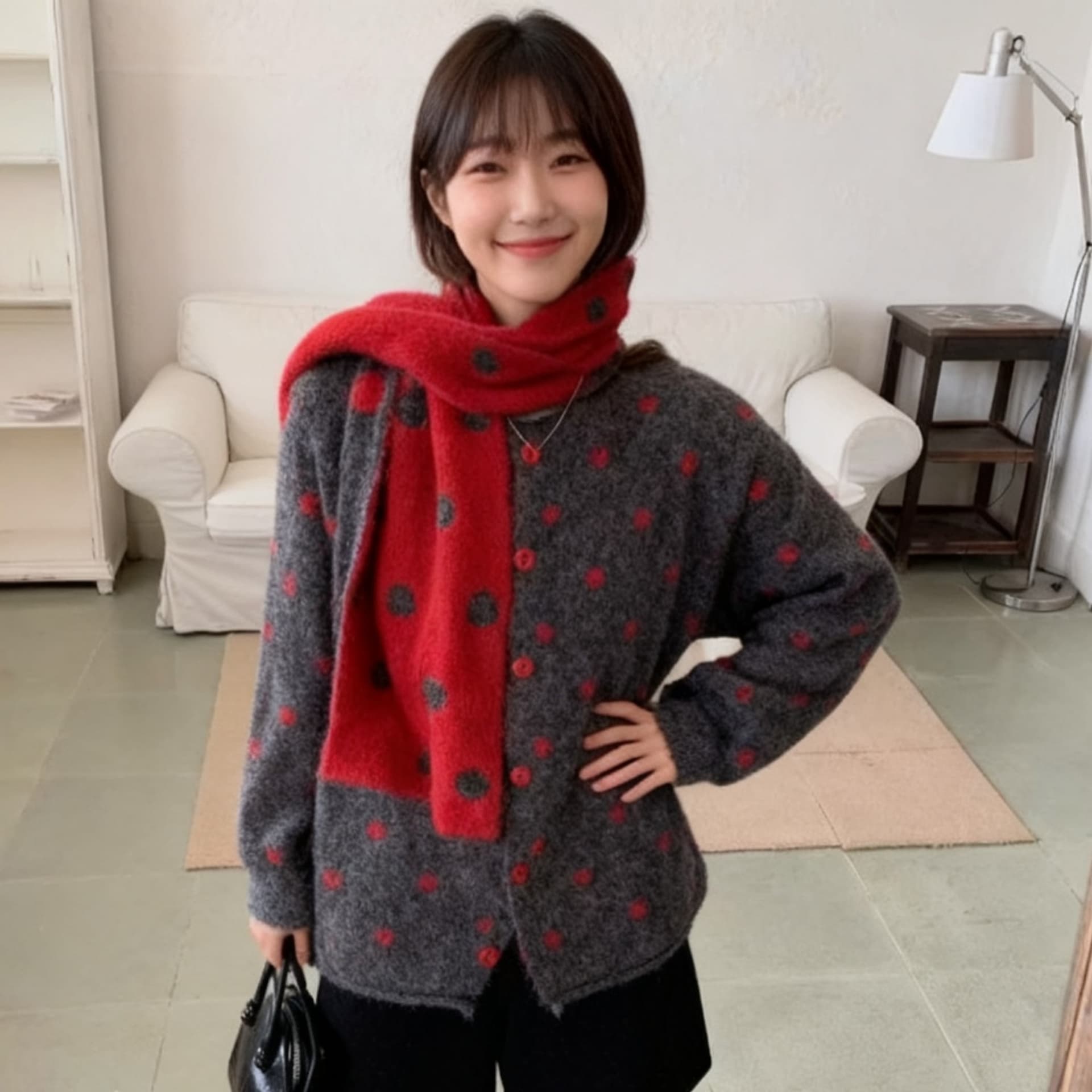 경기 스카프 한 부서 다용도 와이드 부드러운 찹쌀 느긋한 보온 라운드 넥 도트 무늬 스웨터 여자 겨울 루즈핏 트렌디 맨위