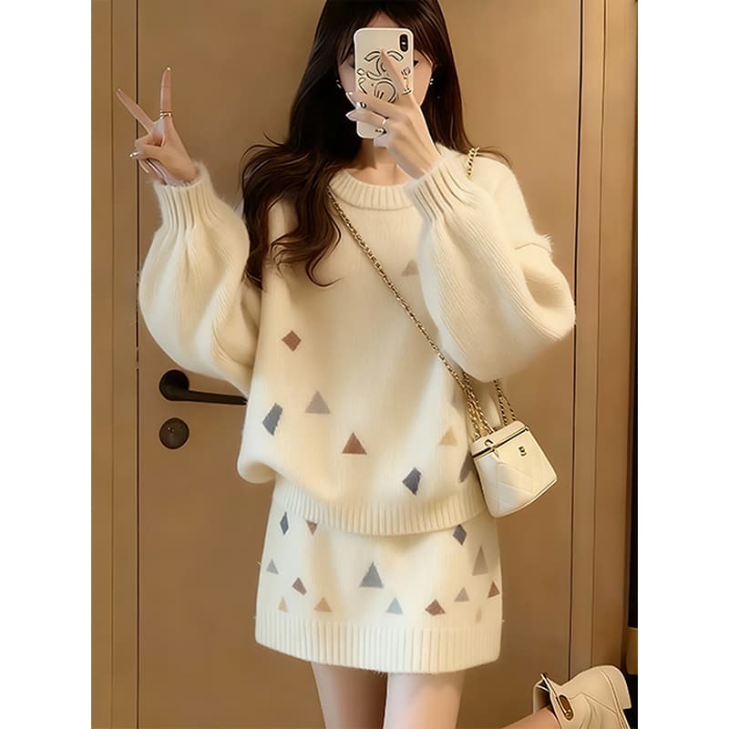 느긋한 바람 부드러운 바람 스웨터 세트 가을 겨울 착용 가져 가라. 전체 집합 새로운 자카드 맨위 코디 미니 스커트 투피스 세트 상세 이미지 1