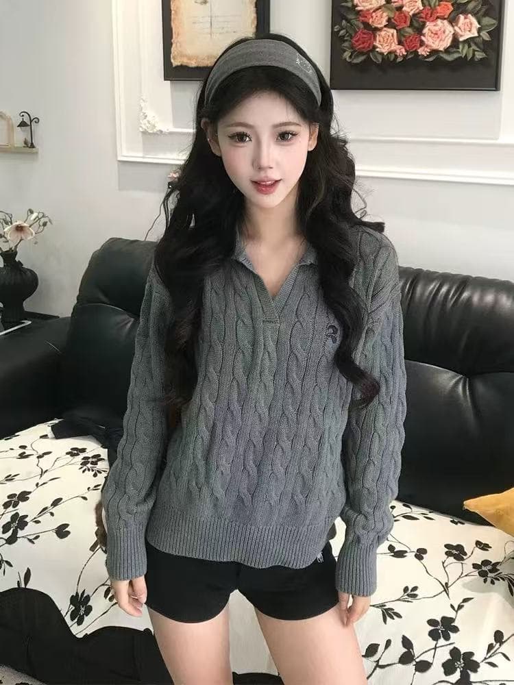 한 부서 분위기 센스 화이트 꽈배기 니트 POLO 셔츠 여성 자이언트 잘 생긴 ~ 중 착용 가져 가라. 조기 가을 느긋한 폴로 칼라 맨위 이미지 3