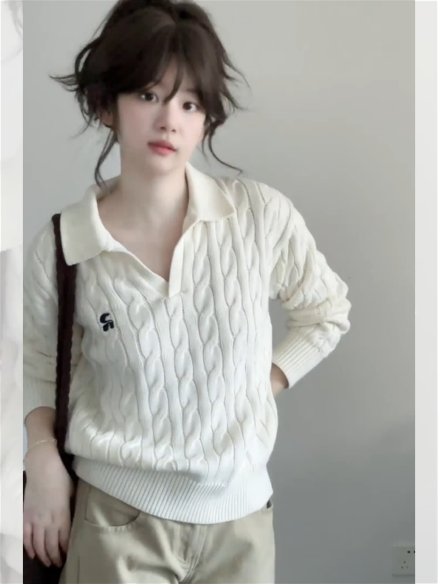 한 부서 분위기 센스 화이트 꽈배기 니트 POLO 셔츠 여성 자이언트 잘 생긴 ~ 중 착용 가져 가라. 조기 가을 느긋한 폴로 칼라 맨위 상세 이미지 1