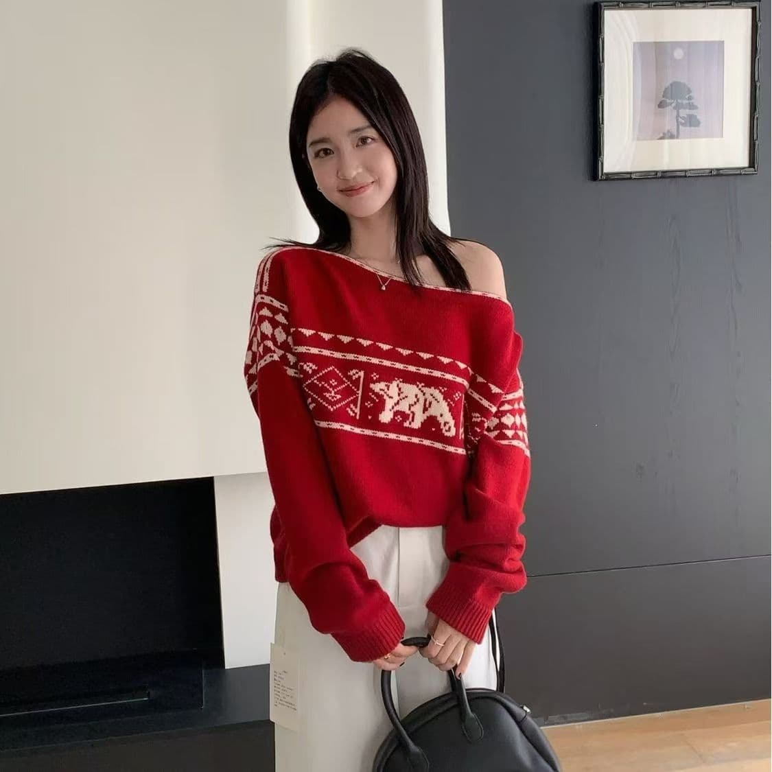 작은 곰 자카드 플랫 칼라 부드러운 찹쌀 풀오버 스웨터 여자 가을 느긋한 패션 다용도 라운드 넥 긴팔 맨위 새로운 이미지 3