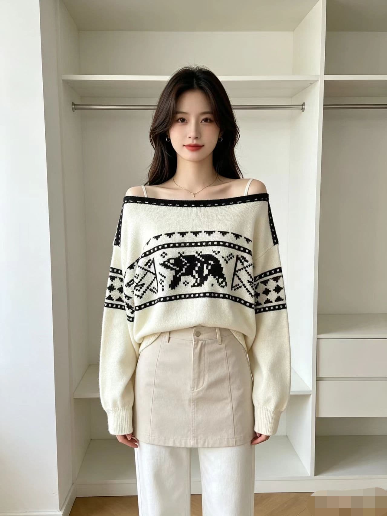 작은 곰 자카드 플랫 칼라 부드러운 찹쌀 풀오버 스웨터 여자 가을 느긋한 패션 다용도 라운드 넥 긴팔 맨위 새로운 상세 이미지 3