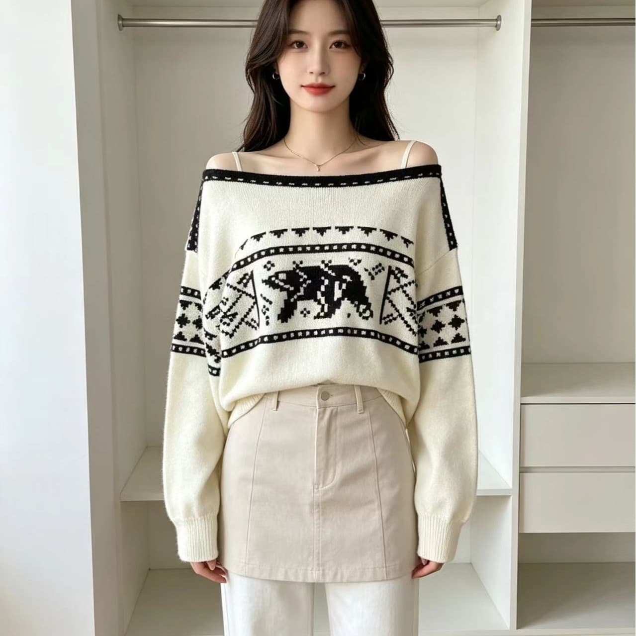 작은 곰 자카드 플랫 칼라 부드러운 찹쌀 풀오버 스웨터 여자 가을 느긋한 패션 다용도 라운드 넥 긴팔 맨위 새로운 상세 이미지 5