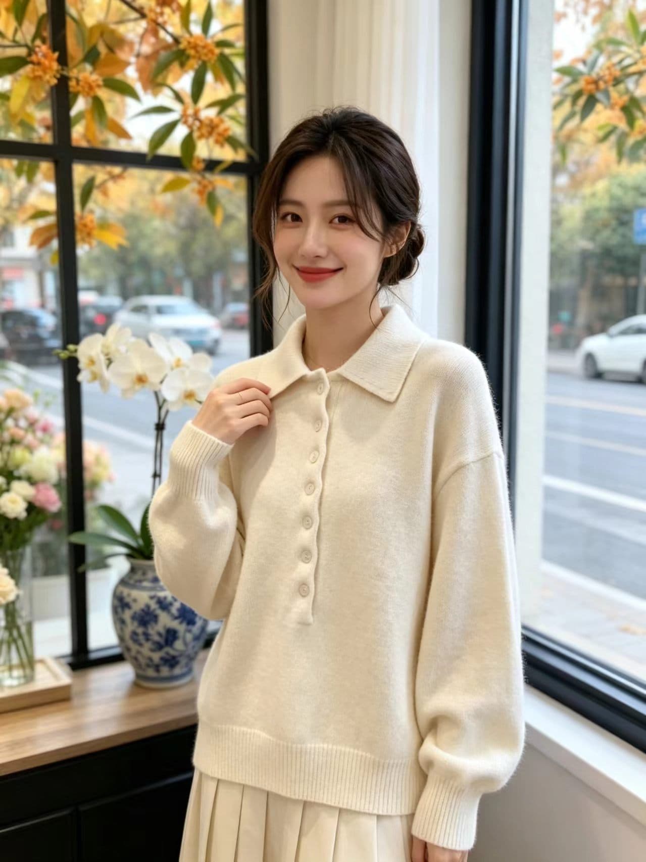새로운 2026 년 가을 패션 미니멀리즘 캐주얼 POLO 칼라 긴팔 루즈핏 니트 맨위 여성 상세 이미지 1