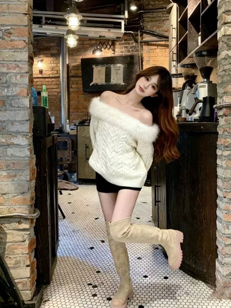 한 부서 오프숄더 모피 칼라 긴팔 스웨터 여자 가을 겨울 순수한 욕망 품격 루즈핏 슬림해 보이는 느긋한 풀오버 오프숄더 맨위 상세 이미지 9