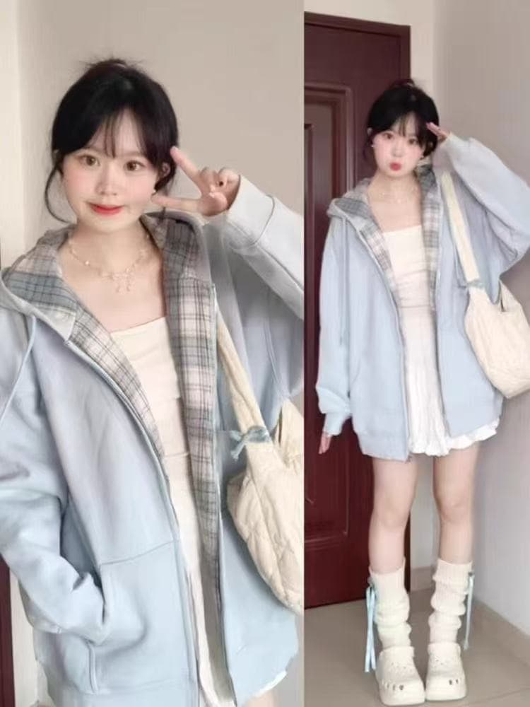 가을 겨울 새로운 체크무늬 패치워크 디자인 센스 후드 오픈 가디건 후드티 여성 한국 스타일 털이 있고 두꺼운 느긋한 루즈핏 재킷