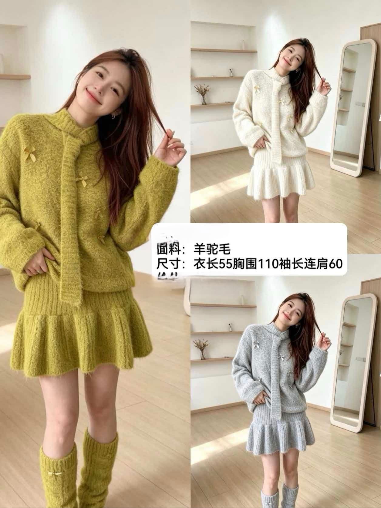 한 부서 전체 집합 착용 가져 가라. 스웨터 세트 무거운 작업 나비 매듭 연령 감소 니트 미니 스커트 보내기 스카프 양말 사피스 세트 상세 이미지 4