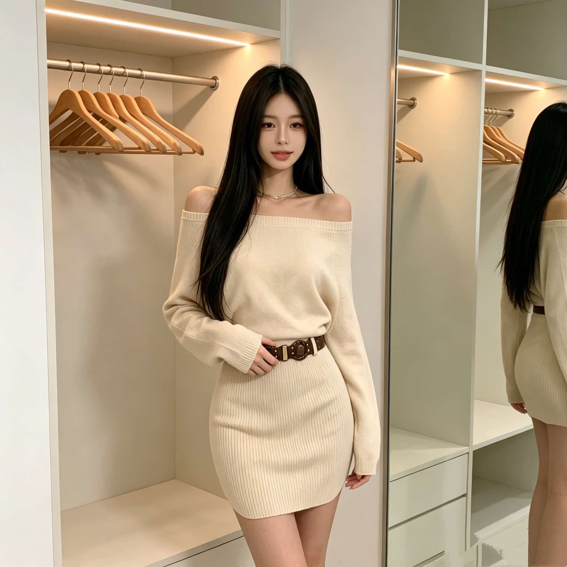 카키 색 비스듬한 어깨 긴팔 니트 여성 드레스 가을 몸매 가꾸기 스웨터 미니 스커트 순수한 욕망 바람 허리 수축 타이트 스커트 치마 이미지 5