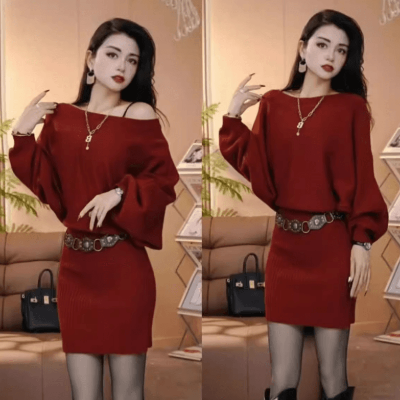 카키 색 비스듬한 어깨 긴팔 니트 여성 드레스 가을 몸매 가꾸기 스웨터 미니 스커트 순수한 욕망 바람 허리 수축 타이트 스커트 치마