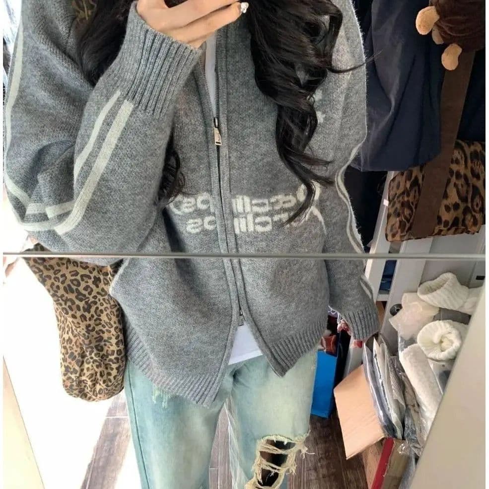 oversize 폴로 칼라 지퍼 스웨터 오픈 가디건 여성 2025 가을 의상 새로운 한국 스타일 루즈핏 벨트 표준 니트 스웨터 재킷