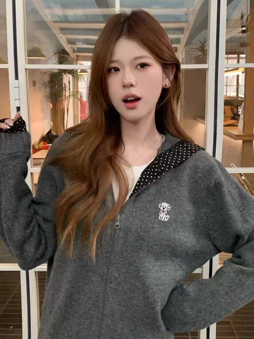 한 부서 학원 스타일 스웨터 여자 가을 겨울철 도트 무늬 패치워크 후드 니트 회색 재킷 다용도 부드러운 찹쌀 맨위 여성 상세 이미지 2