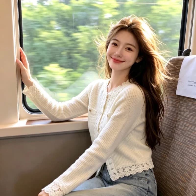 보존 섹션 추천 달콤한 스타일 레이스 레이스 긴팔 니트 오픈 가디건 여성 가을 겨울 새로운 부드러운 아름다운 맨위