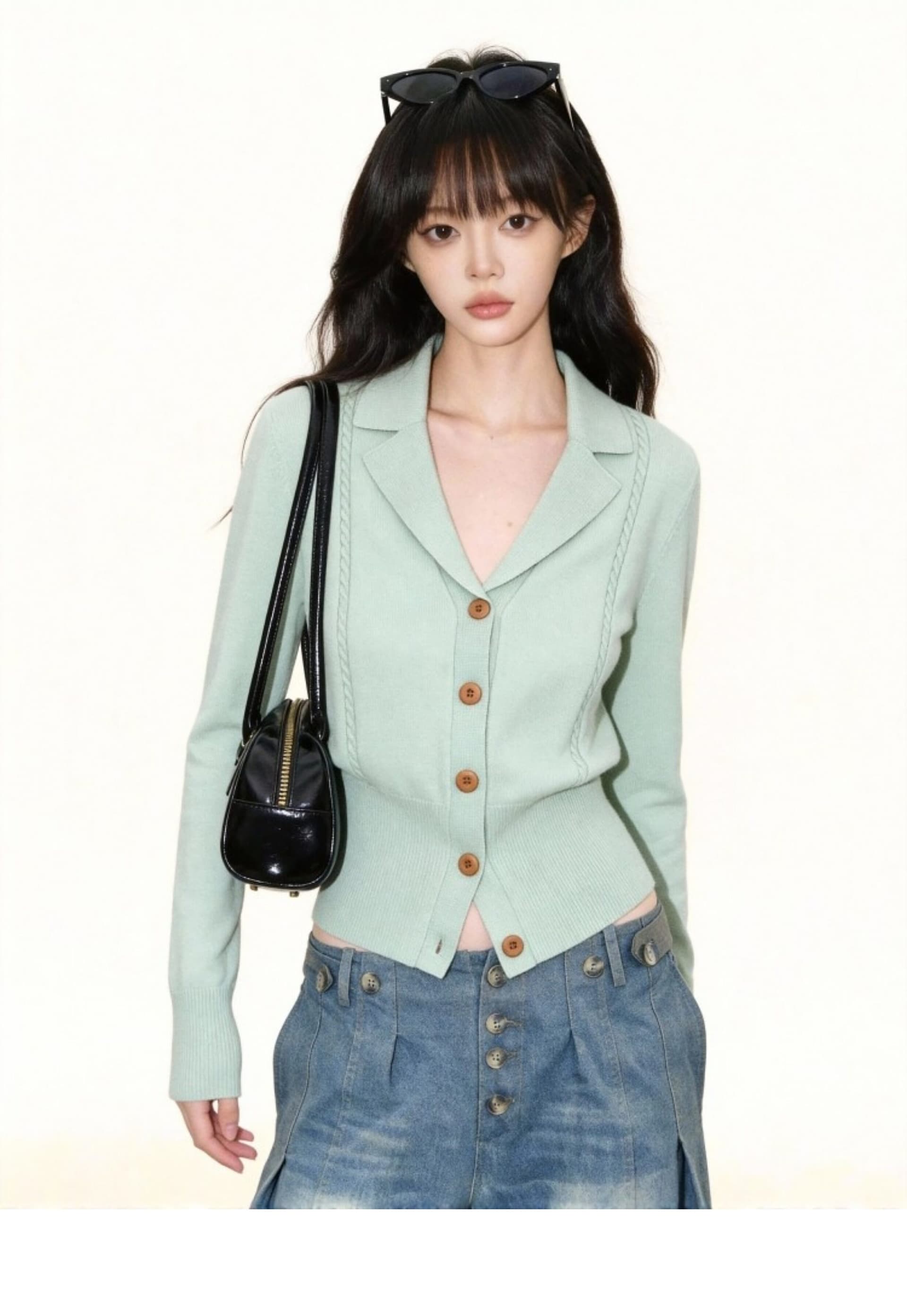 녹색 정장 칼라 니트 오픈 가디건 여성 2026 봄 가을 새로운 고급 센스 몸매 가꾸기 허리 수축 인사이드 가져 가라. 만나는 맨위 상세 이미지 4