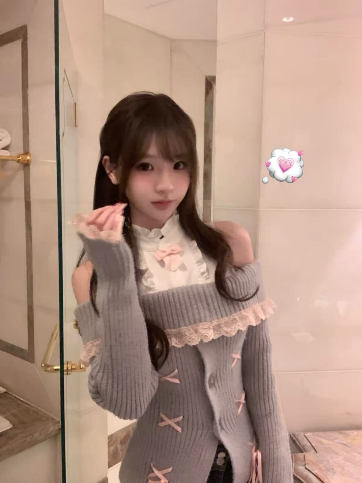 보트넥 레이스 귀여운 나비 넥타이 봄 가을 겨울 순수한 욕망 바람 맨위 긴팔 니트 스웨터 스웨터 외출용 여성 이미지 2