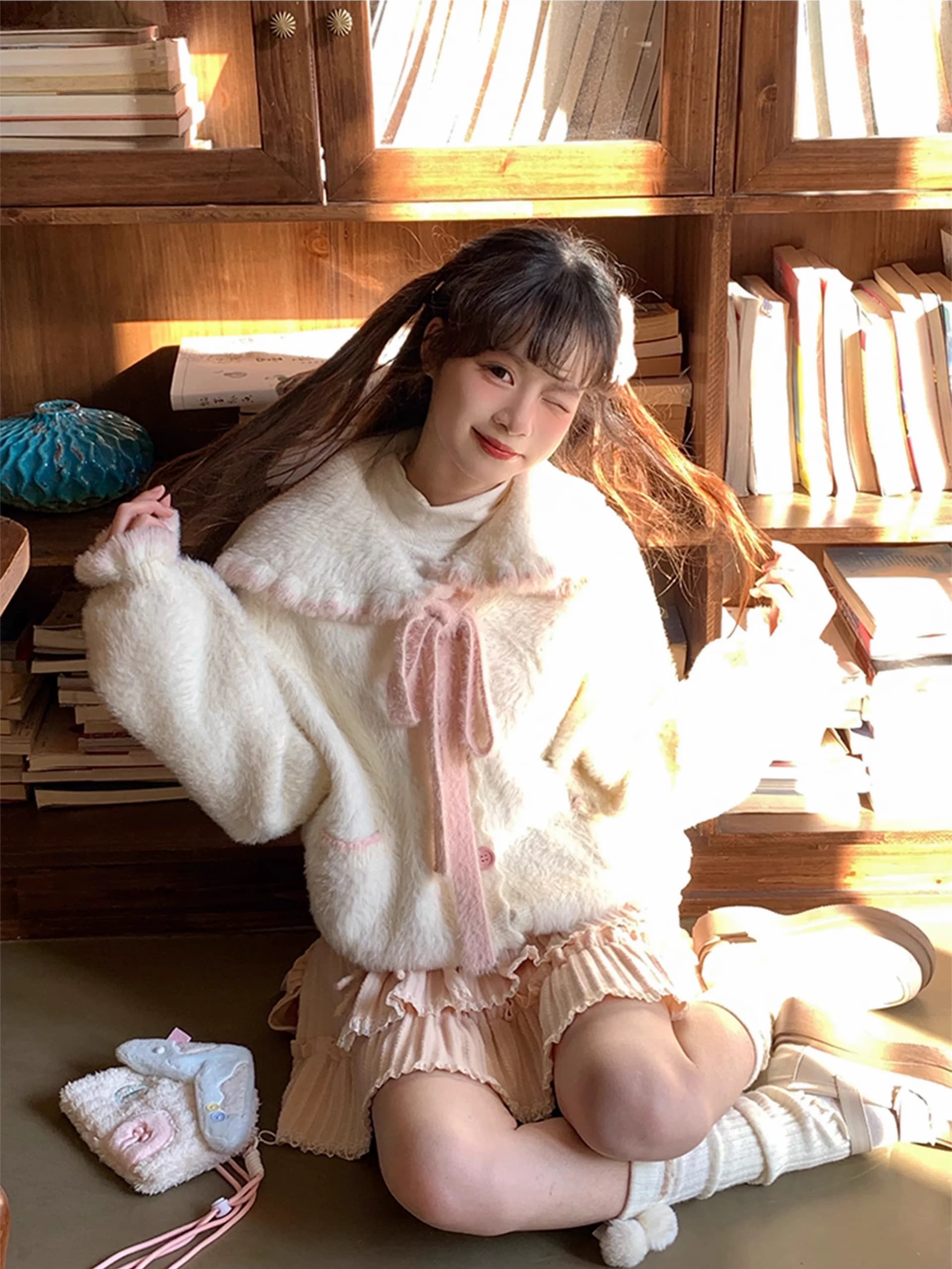 달콤한 스타일 모방 밍크 플리스 니트 오픈 가디건 여성 가을 겨울 나비 넥타이 패치워크 색상 베이비 칼라 연령 감소 루즈핏 재킷 이미지 4