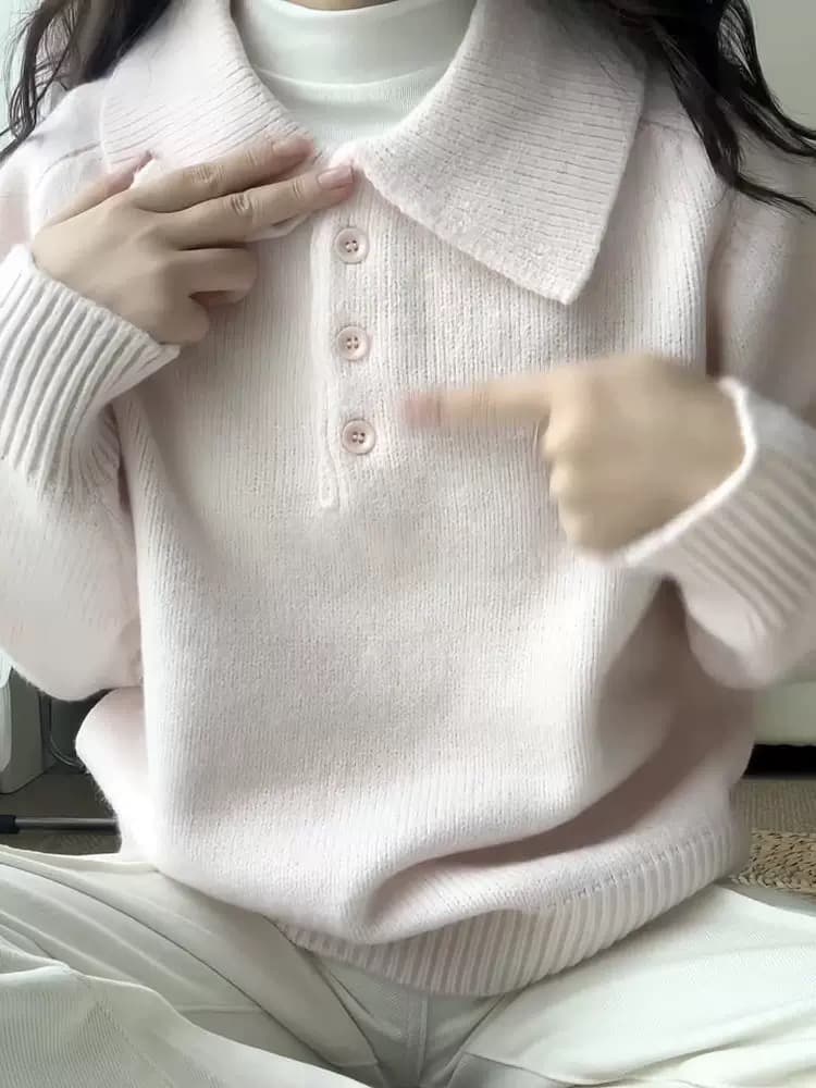 핑크색 폴로 칼라 스웨터 여자 가을 겨울철 2026 새로운 느긋한 고급 센스 수 있습니다. 외출용 인사이드 가져 가라. 만나는 니트 맨위 이미지 2