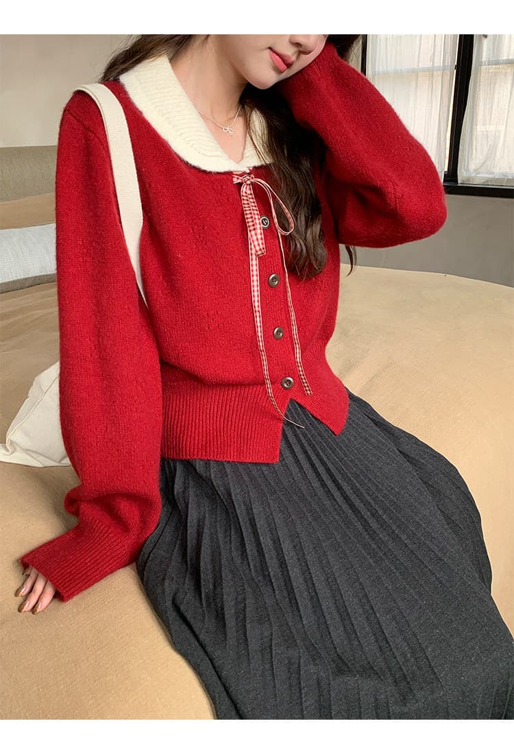 한국 스타일 연령 감소 홀로우 아웃 나비 매듭 니트 오픈 가디건 여성 의류 가을 겨울철 Chic chic 베이비 칼라 스웨터 상세 이미지 1