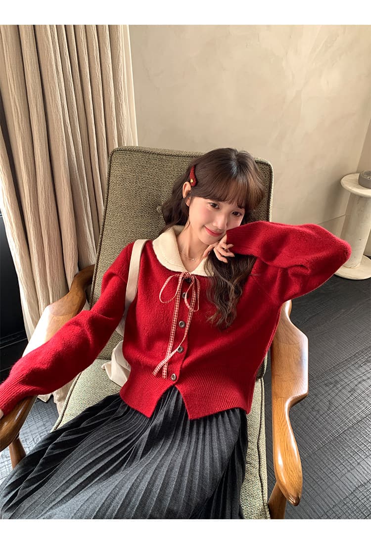 한국 스타일 연령 감소 홀로우 아웃 나비 매듭 니트 오픈 가디건 여성 의류 가을 겨울철 Chic chic 베이비 칼라 스웨터 상세 이미지 7
